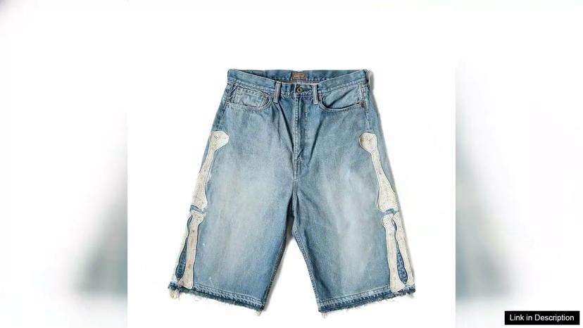 Y2K Harajuku Bone Embroidery Loose Denim Shorts Loose Pants Bone Washed Ragged Review