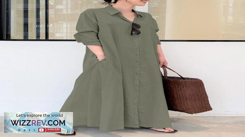 Women Retro Solid Color Turn-Down Collar Loose Casual Shirt Dress With Pocket Review