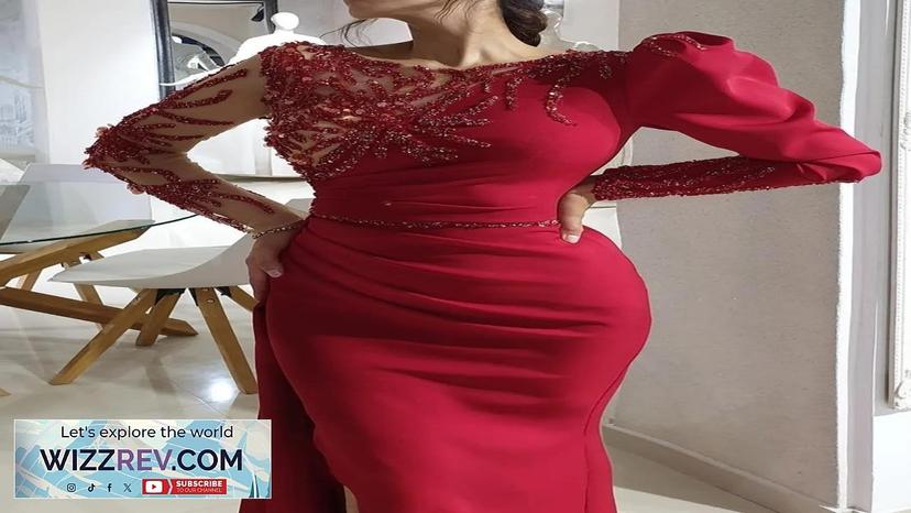 Red Mermaid Prom Dresses Beaded Full Sleeves Evening Gown Satin Party Formal Review